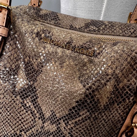 Michael Kors Python Effect Bag Tote Embossed Leather Snakeskin Print Tan Black - Picture 7 of 16